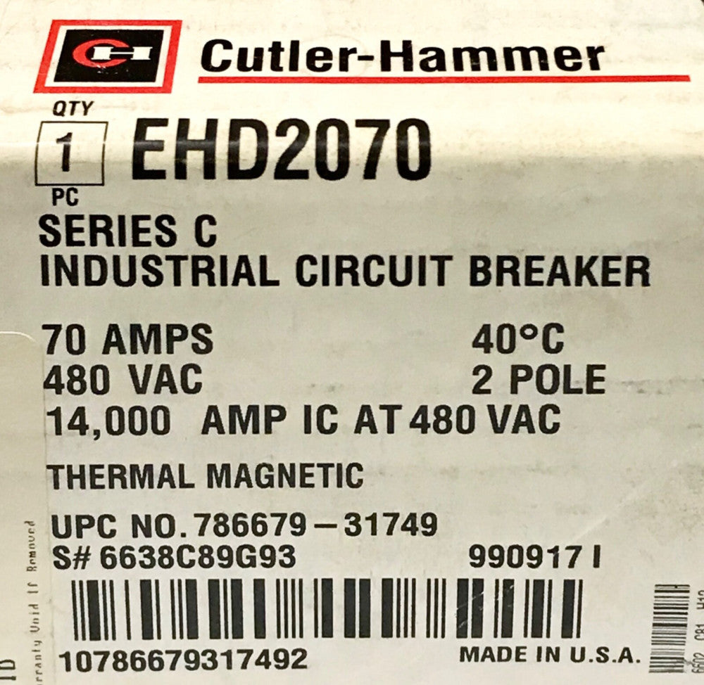 EATON CUTLER HAMMER 2Pole 70 AMP Type EHD Circuit Breaker