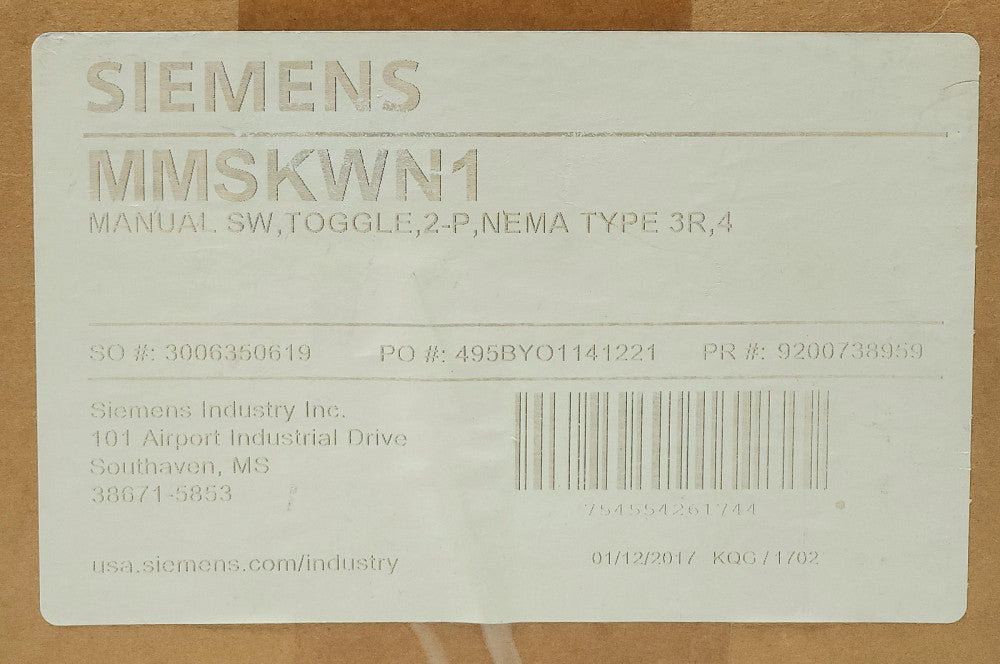 SIEMENS MMSKWN1 Manual Motor Starter Switch Kit MMSK01 Manual Switch 2 Pole Togg