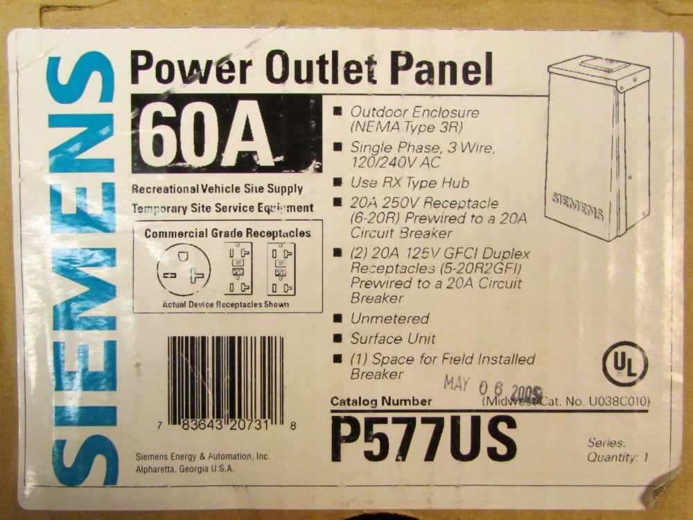 SIEMENS Outdoor Power Outlet Panel 3R 120/240V AC 60 Amp P577US