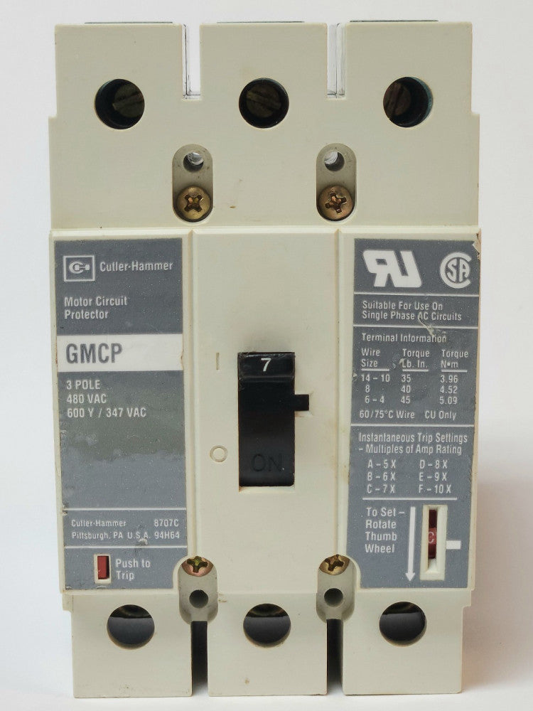 EATON CUTLER HAMMER GMCP007C0C 3 Pole 7 AMP Type GMCP Motor Circuit Protector