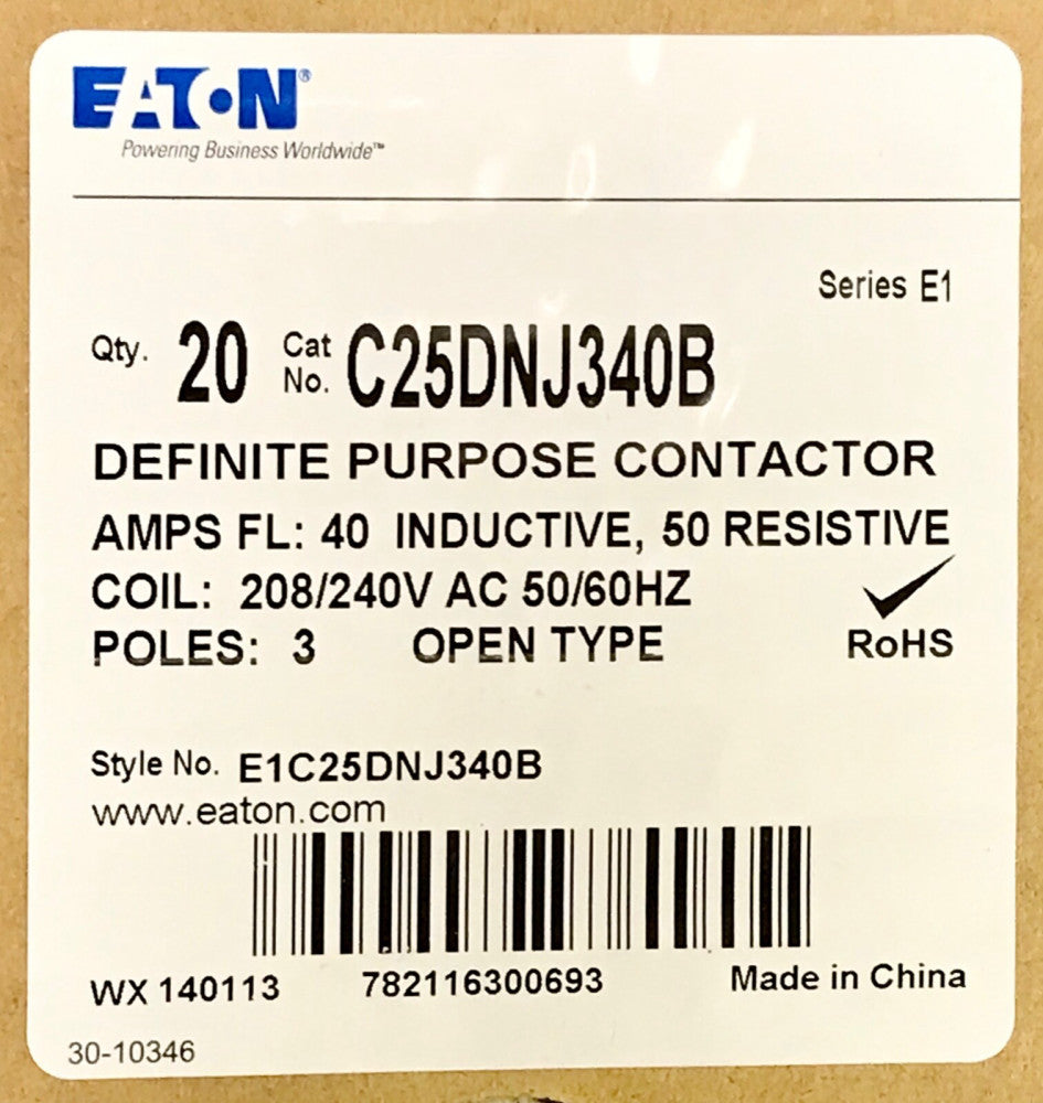 BOX OF 20 EATON C25DNJ340B 3 Pole 40 AMP 208 240 VAC Definite Purpose Contactor