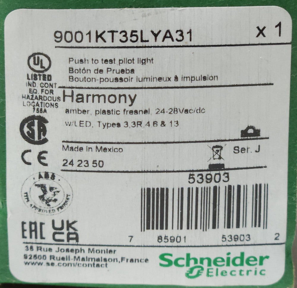 SCHNEIDER ELECTRIC 9001KT35LYA31 AMBER LED CLUSTER Push to Test Pilot Light Push