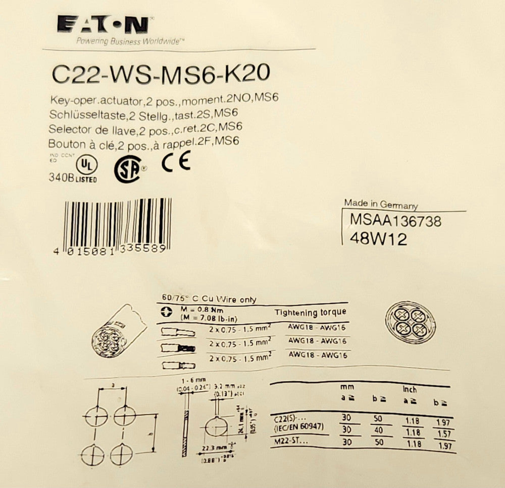 EATON C22 WS MS6 K20 Key Operated 2 Position Momentary Selector Switch 2 NO C22