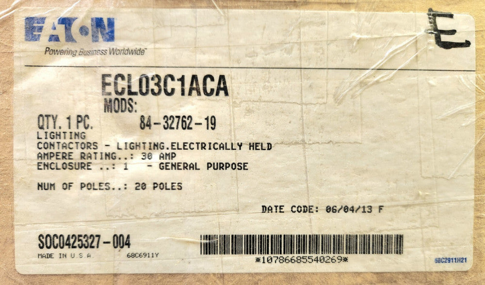 EATON ECL03C1ACA 120 VAC 20 Pole 30 AMP Lighting Contactor Nema 1 Enclosure