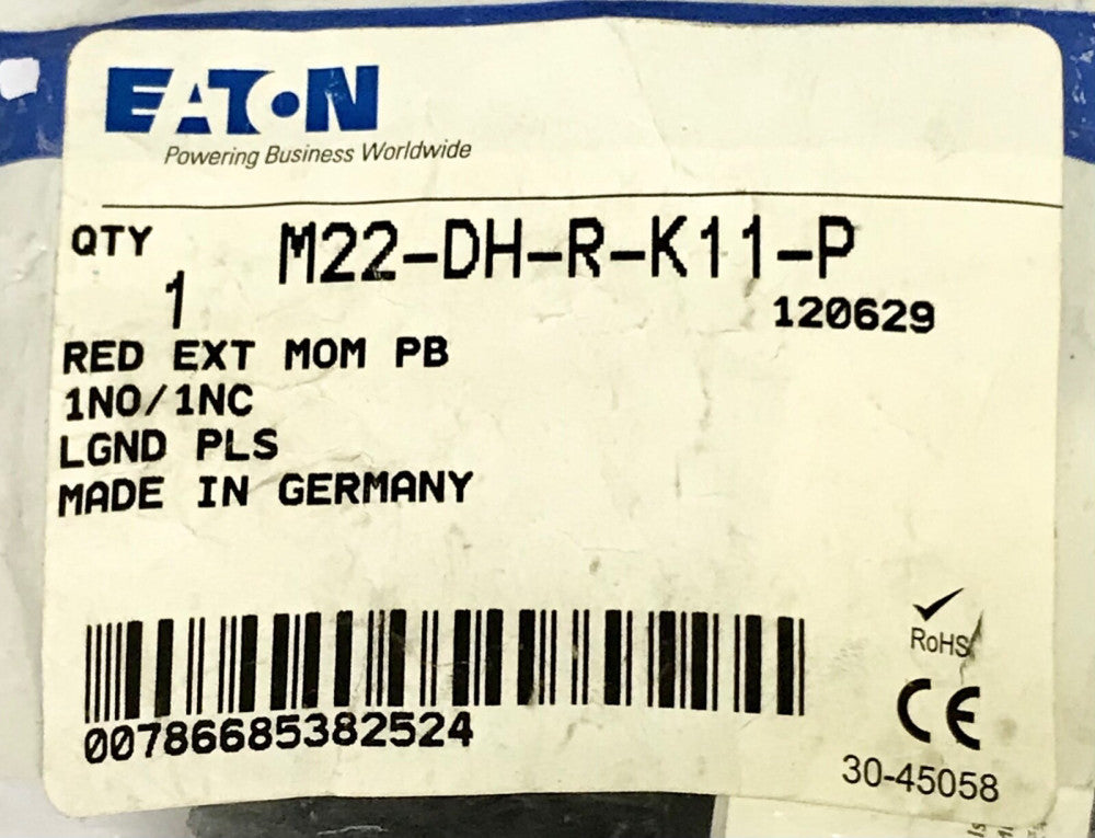 EATON MOELLER M22 DH R K11 P Extended Red Pushbutton Momentary 1 NO 1 NC Contact