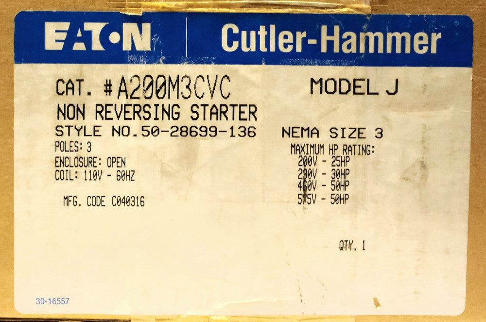 EATON CUTLER HAMMER A200M3CVC 110 120 VAC Size 3 A200 Starter 60 Hz. Coil
