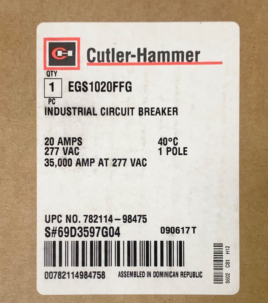 EATON CUTLER HAMMER egs1020ffg Single Pole 20 AMP Type E125S Circuit Breaker