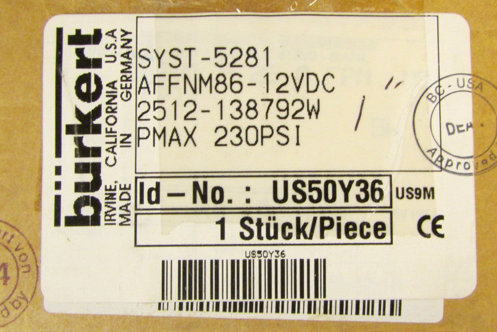 BURKERT SYST 5281 AFFNM86 12 VDC Solenoid Valve 3/4" 230 PSI