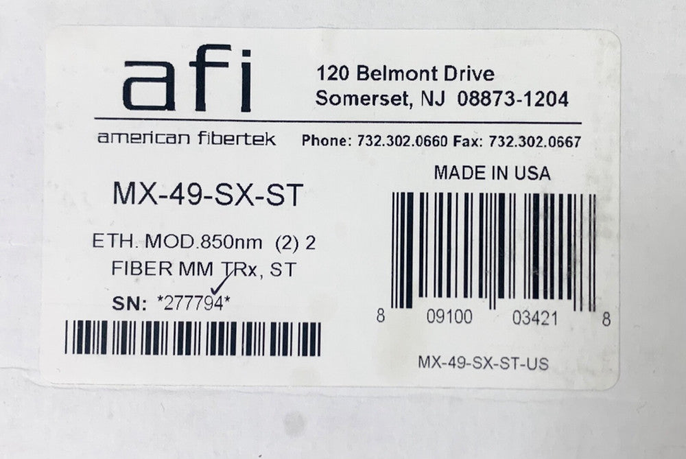 AFI American Fibertek MX 49 SX ST ETN MOD 850nm Fiber MM TRX ST Ethernet Modem