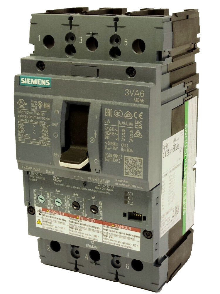 SIEMENS 3VA6110 5HN31 0AA0 3 Pole 100 AMP 3VA6 MDAE NAVAL Breaker ETU350LSI