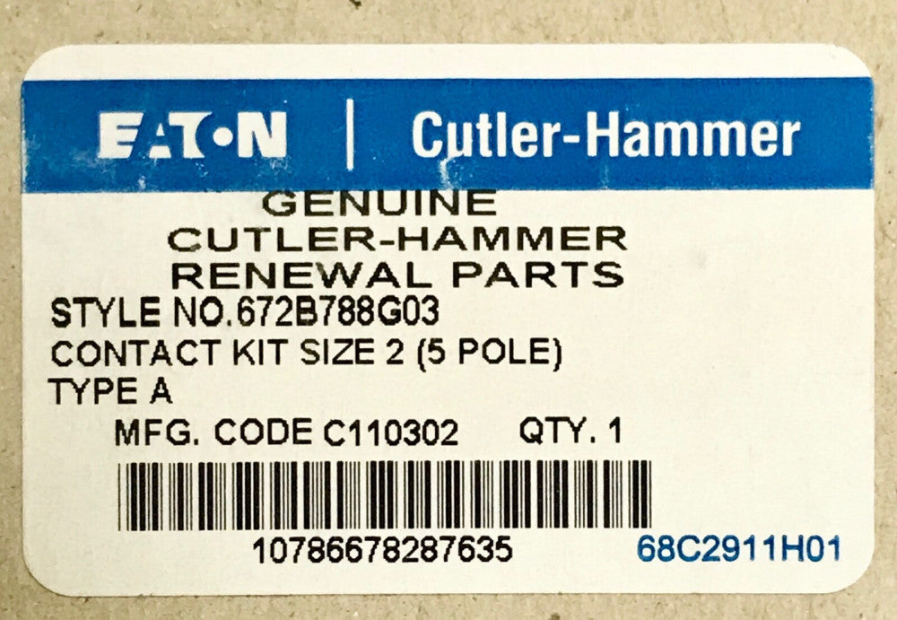 EATON CUTLER HAMMER 672B788G03 A200 A201 Size 2 Size 2.5 5 Pole Contact Kit