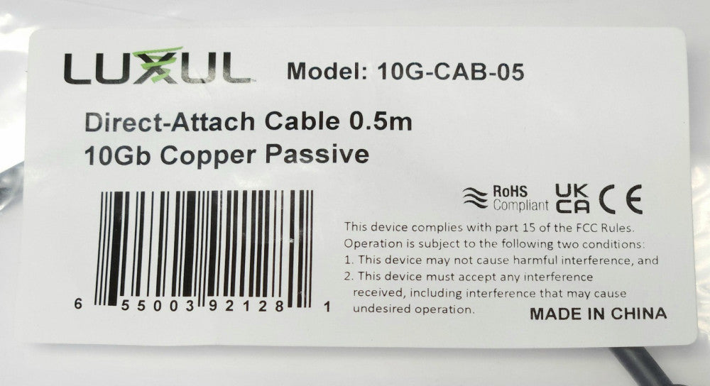 LUXUL MODEL 10G CAB 05 Direct Attach Cable 0.5m 10Gb Copper Passive