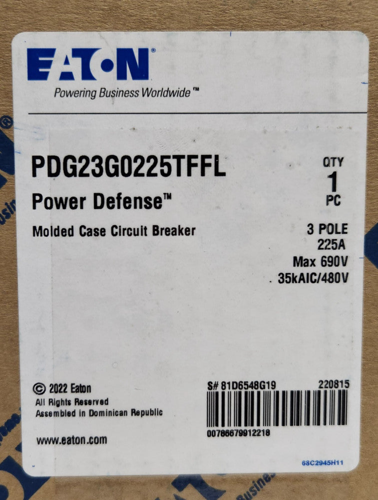 EATON PDG23G0225TFFL 3 Pole 225 AMP PDG2 Power Defense Circuit Breaker 690 VAC