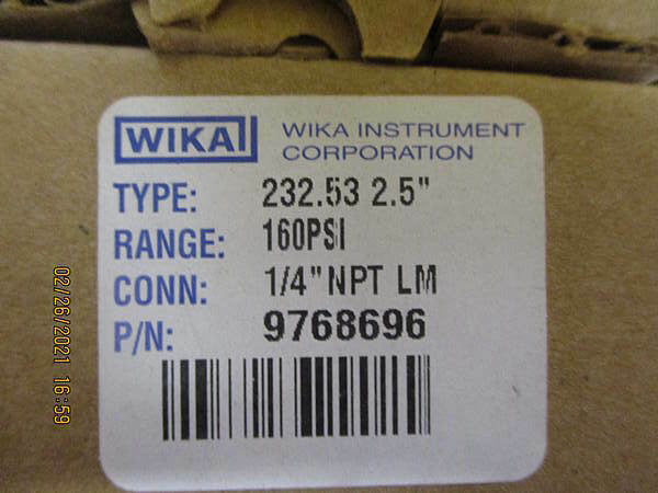 NEW, Open Box, Wika, 232.53-2.5-LM-1/4NPT-0-160, P/N 9768696, SS Ind. Gauge 2.5"