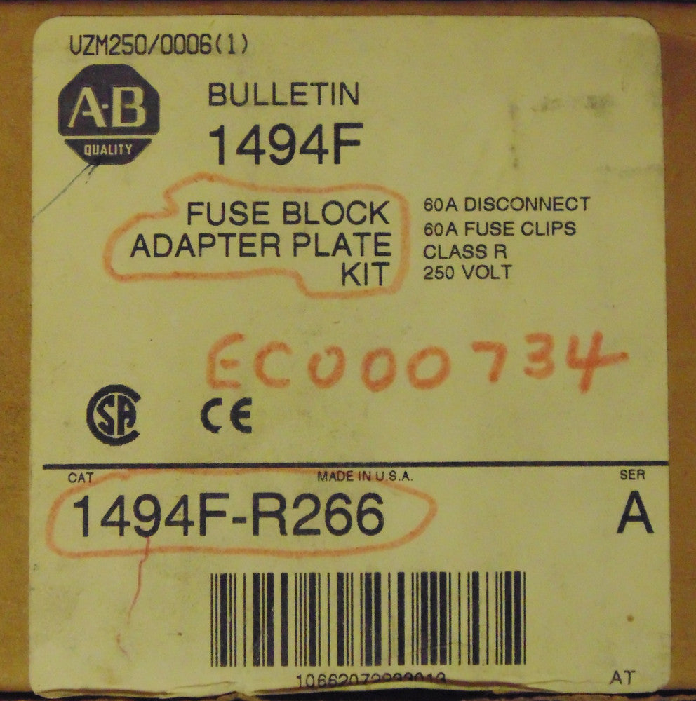 ALLEN BRADLEY 1494F R266 Fuse Block 60 Amp Adapter Plate Kit