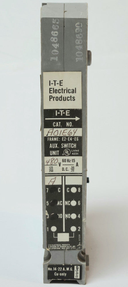 ITE SIEMENS A01E64 FRAME E2 E4 E6 Auxiliary Switch 480 VAC