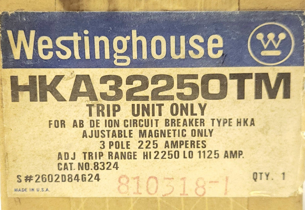 WESTINGHOUSE CUTLER HAMMER HKA32250TM 225 AMP Type KA HKA MAG ONLY TRIP Unit
