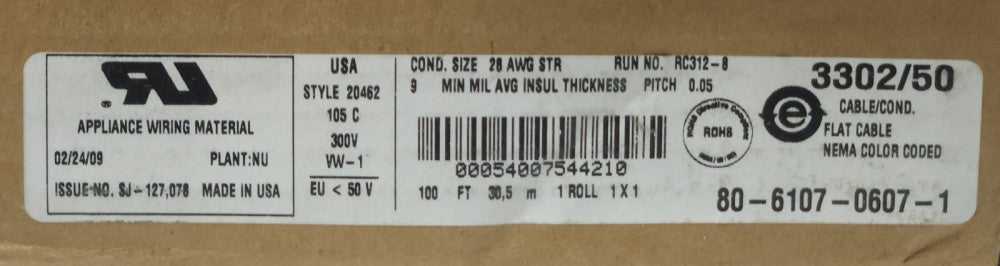 3M 3302/50 Appliance WIRING Material 3302 50 Conductor 100' 28 AWG Flat CABLE 80