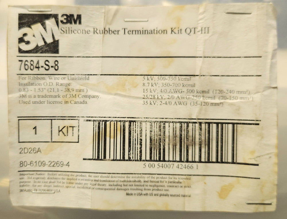 3M 7684-S-8 Silicone Rubber Termination Kit QT-III Partial Kit Only Includes