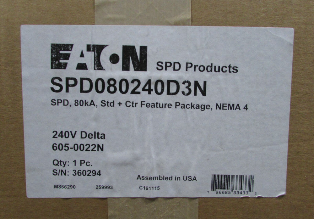 EATON CUTLER HAMMER SPD080240D3N SPD 80KA Surge Protective Device 605 0022N