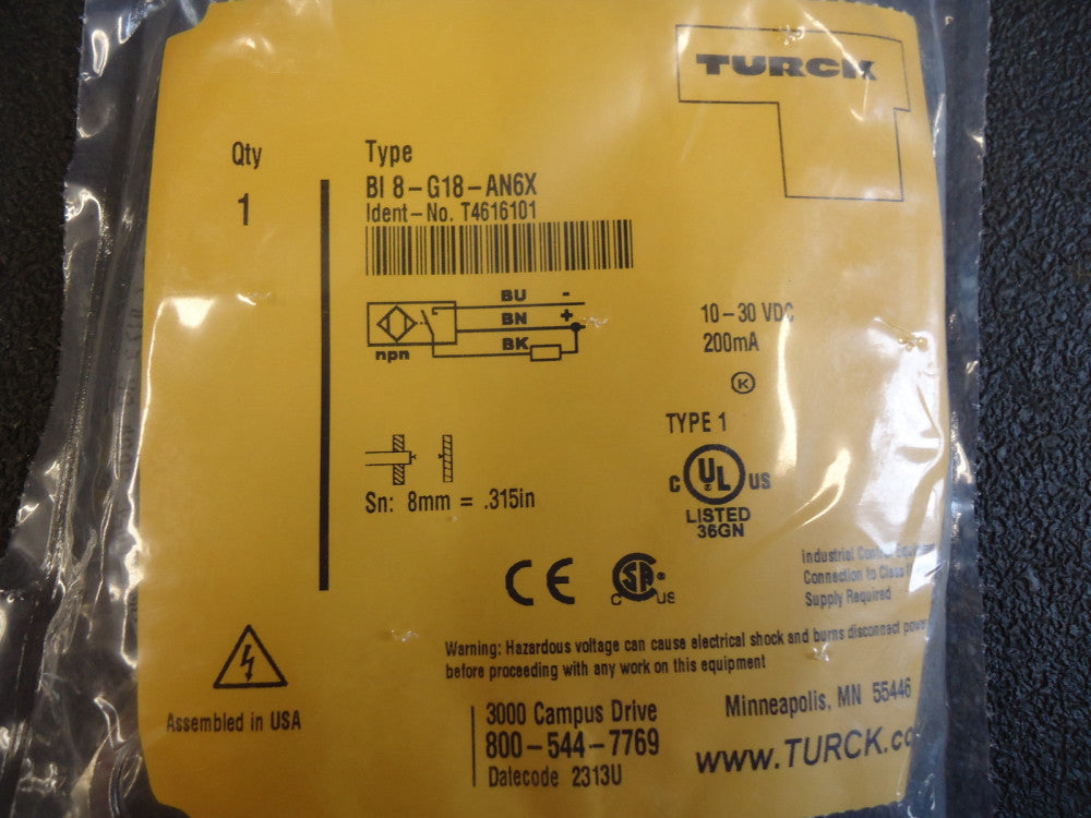 BI-8-G18-AN6X Turck Sensor, Proximity, Inductive, M18, 8mm Range, BRAND NEW!