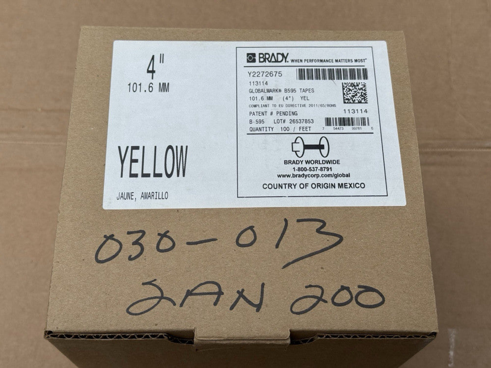 Brady 113114 Globalmark B595 Tape Vinyl Labels 4" x 100' Yellow - New