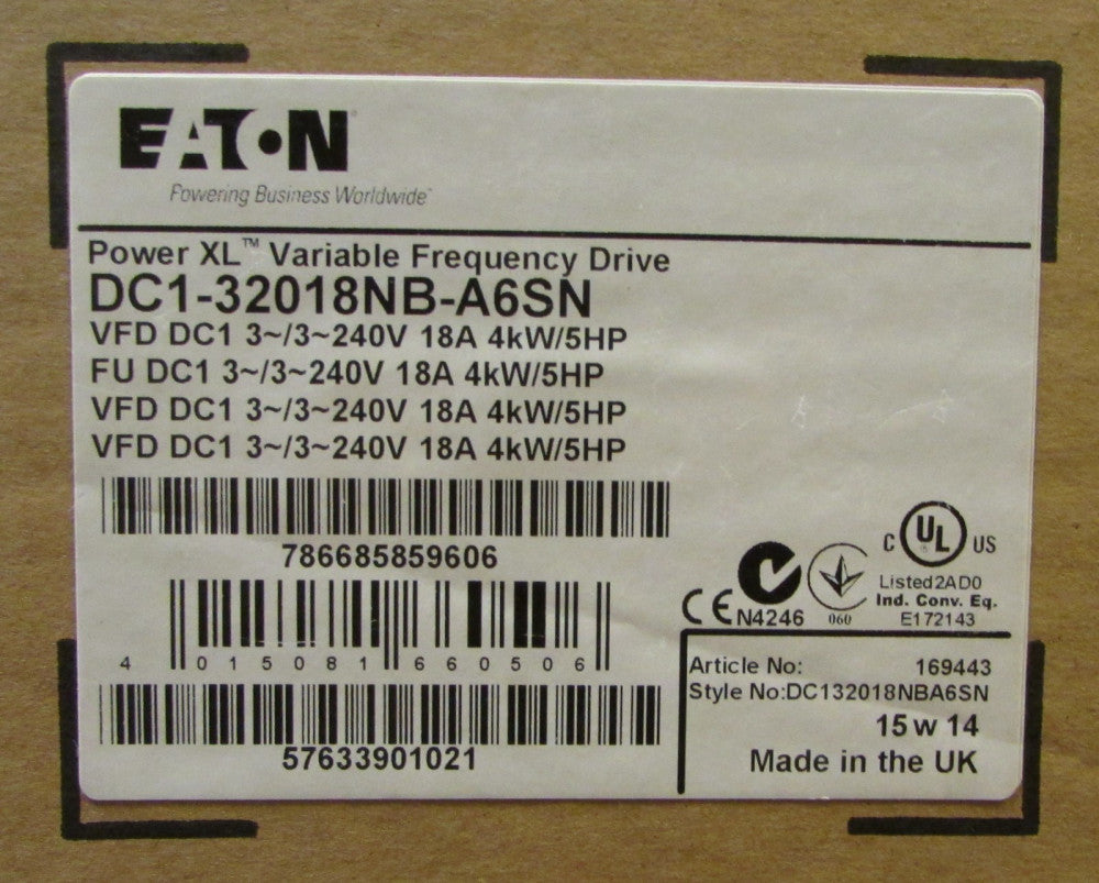 EATON DC1 32018NB A6SN 5HP 240V Power XL DC1 VFD Variable Frequency Drive