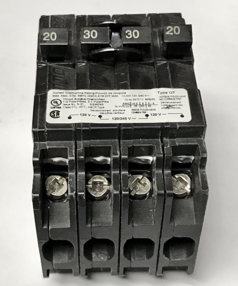 SIEMENS Q22030CT 2 Pole 30 AMP 2 Single Pole 20 AMP Circuit Breaker Type QT