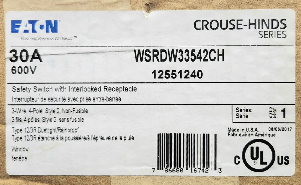 EATON CROUSE HINDS WSRDW33542CH 30 AMP 600 VAC Nema 12 3R Safety Switch 12551240