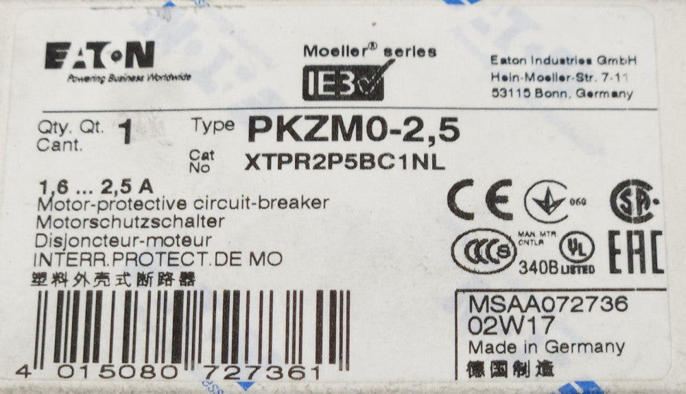 EATON MOELLER PKZM0-2.5 XTPR2P5BC1NL 1.6-2.5 AMP Motor Protective Circuit Breake