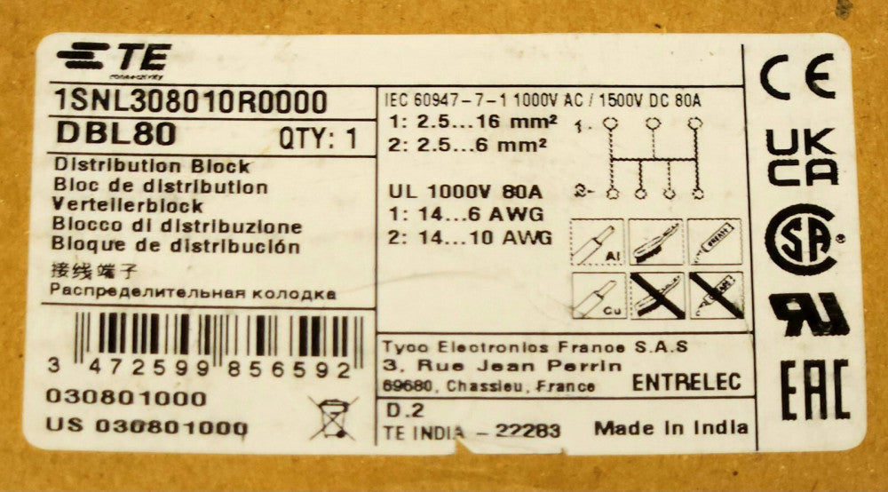 ABB TE CONNECTIVITY DBL80 Power Distribution BLOCK 80 AMP 1000 VAC 1500 VDC