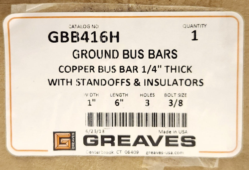 GREAVES GBB416H HARGER Ground Bus Bar Assembly Copper CU 1/4" Thick