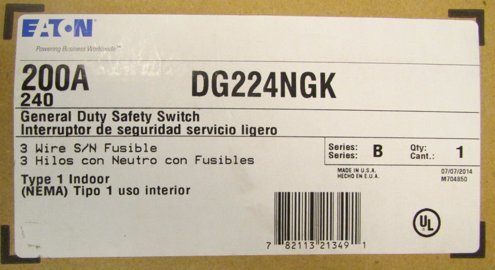 EATON CUTLER HAMMER DG224NGK 3 Wire NEMA 1 200 Amp 240 V Safety Switch