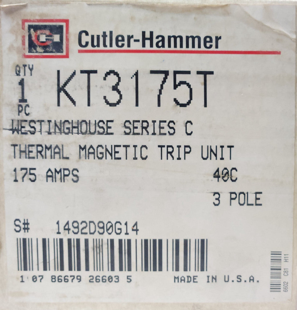 CUTLER HAMMER EATON KT3175T 3 Pole 175 AMP K Frame TRIP Unit 1492D90G14 Type KD