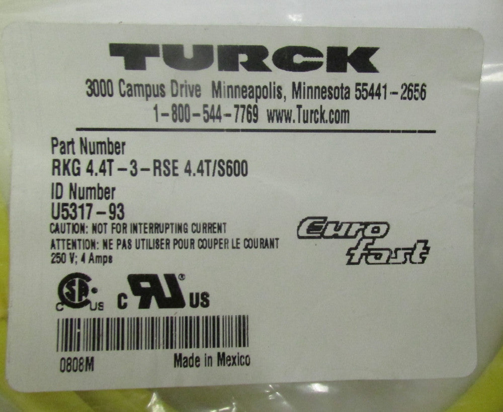 TURCK RKG 4.4T 3 RSE 4.4T/S600 Euro Fast Cable U5317 93 RKG 4.4T 1 RSE 4.4T S600