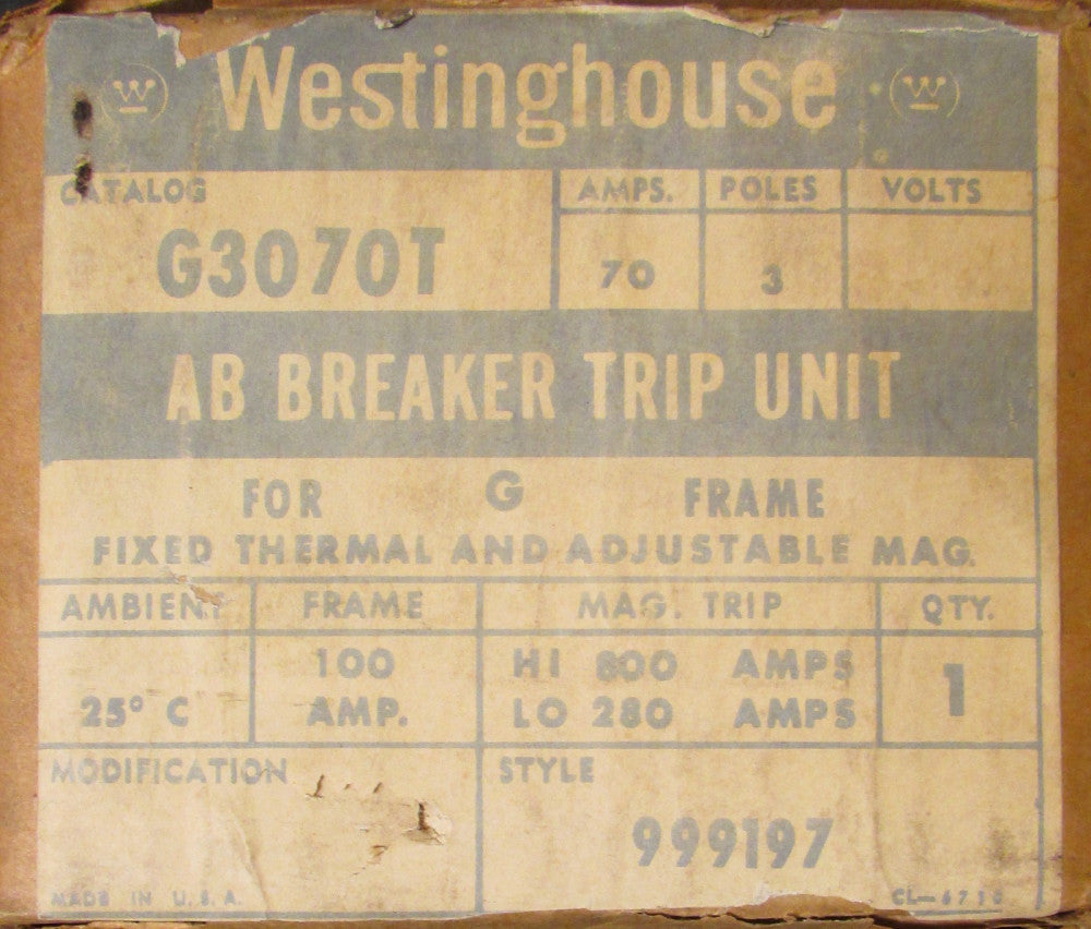WESTINGHOUSE G3070T 3 Pole 70 Amp Type G Trip Unit Style 999197