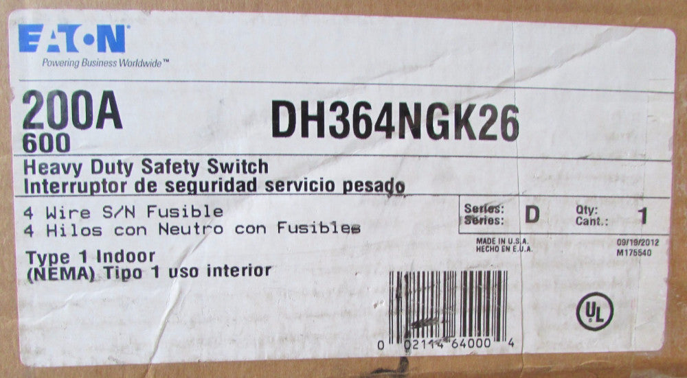 EATON CUTLER HAMMER DH364NGK26 Type 1 Indoor 200A 600V Heavy Duty Safety Switch