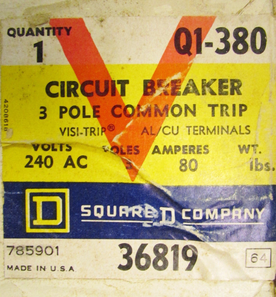 SQUARE D Q1 380 Type Q Q1 Circuit Breaker 3 Pole 80 Amp 240V Q1-380