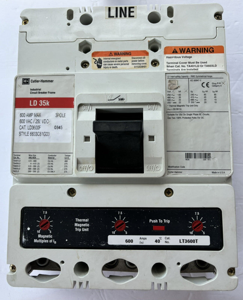EATON CUTLER HAMMER LD3600 3 Pole 600 AMP Type LD Circuit Breaker LT3600T TRIP
