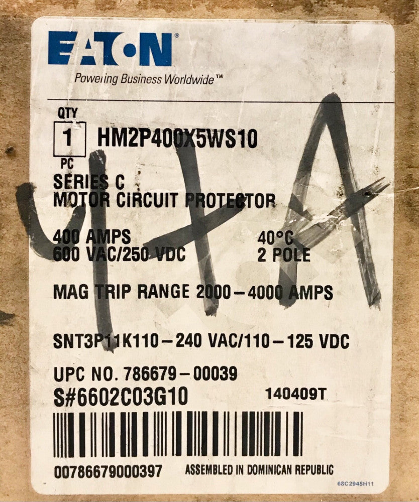 EATON HM2P400X5WS10 2 Pole 400 AMP HMCP Motor Circuit Protector 110-240 VAC