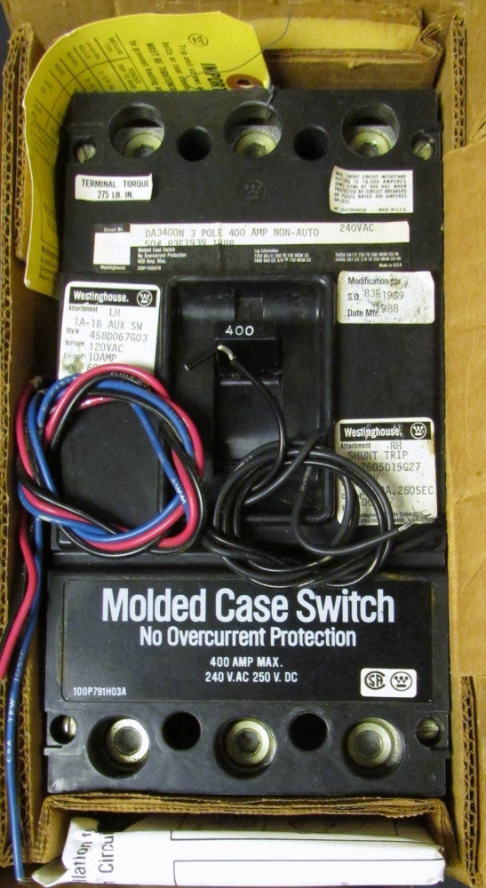 WESTINGHOUSE DA3400N 3 Pole 400 Amp Non Auto Type DA Molded Case Switch