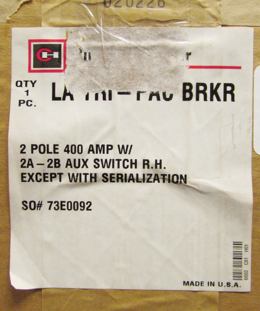 CUTLER HAMMER LA2400PR Type LA TRI PAC Circuit Breaker 2 Pole 400 Amp 2A 2B Aux