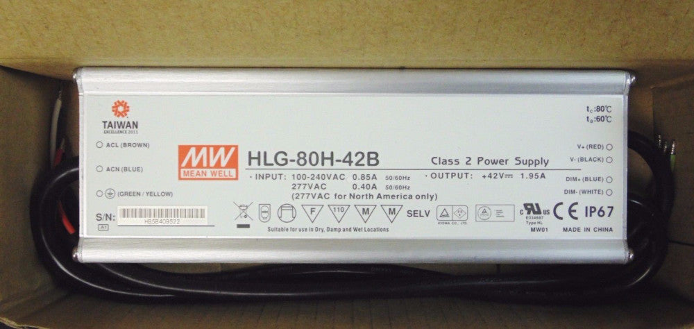 MEAN WELL 100-240 VAC Input 42VDC Output Power Supply HLG 80H 42B