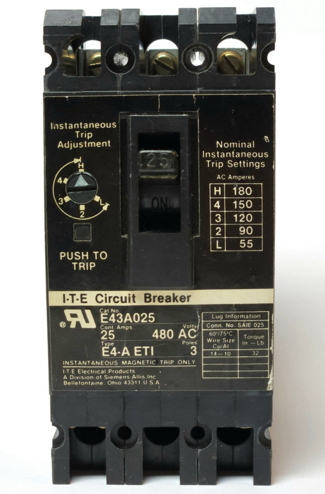 SIEMENS ITE E43A025 3 Pole 25 AMP Type E4-A ETI Circuit Breaker Motor Protector