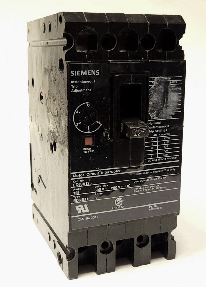 SIEMENS ED63A125 3 Pole 125 AMP Type ED6 ETI Motor Circuit Interrupter