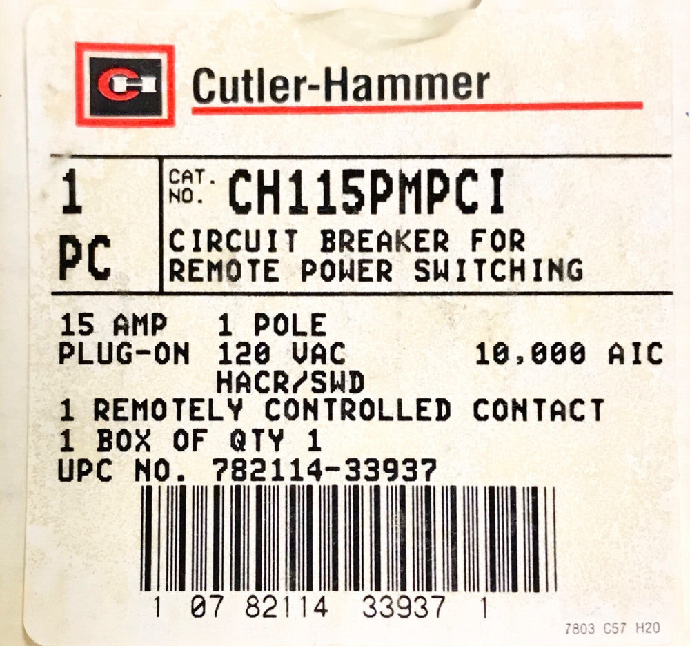 EATON CUTLER HAMMER CH115PMPCI Single Pole 15 AMP Type CH Circuit Breaker 120VAC