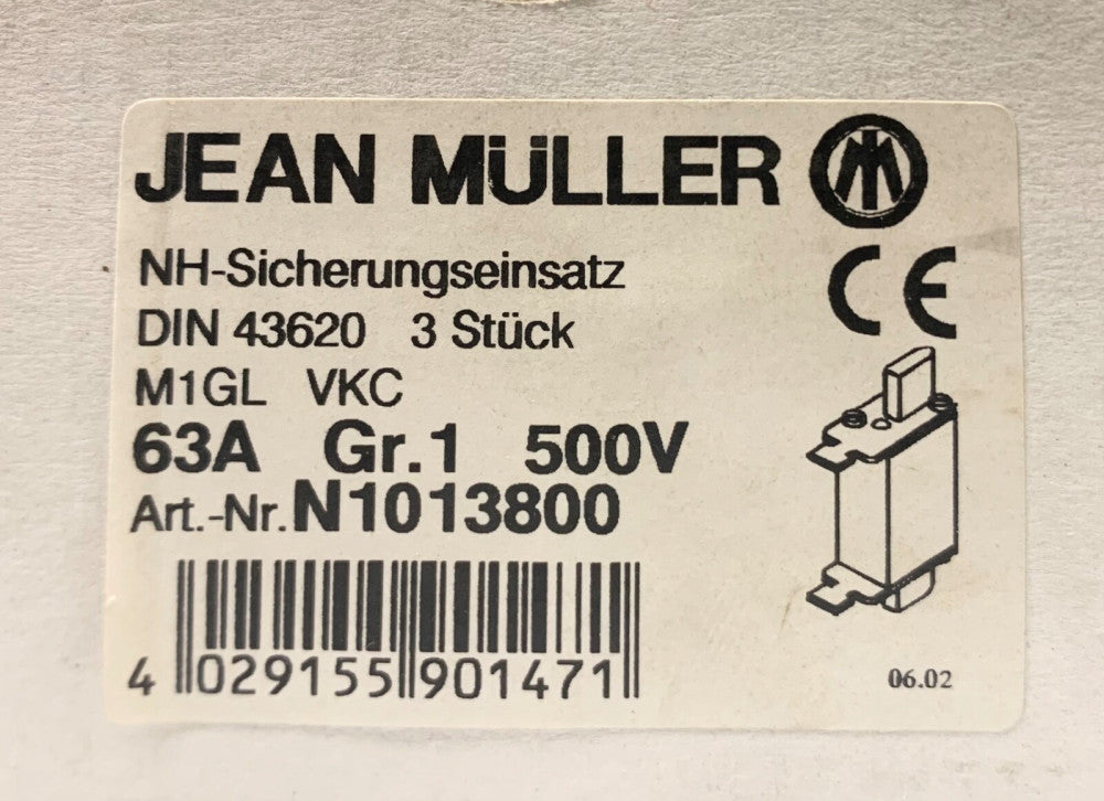 JEAN MULLER N1013800 63A 500V DIN 43620 M1GL VKC 63 AMP GR.1 500 VAC 120 KA Fuse
