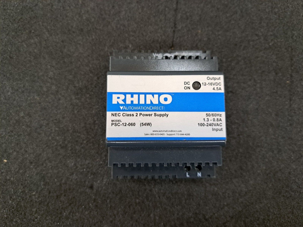 Used, Rhino, PSC-12-060, Class 2 Power Supply 100-240 VAC 1.3-0.8Amp Input 12-16