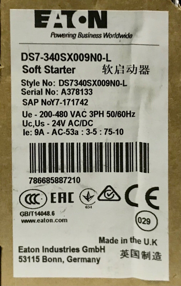 EATON DS7 340SX009N0 L 1.5-4HP Soft Starter 200-480 VAC 24 VAC VDC