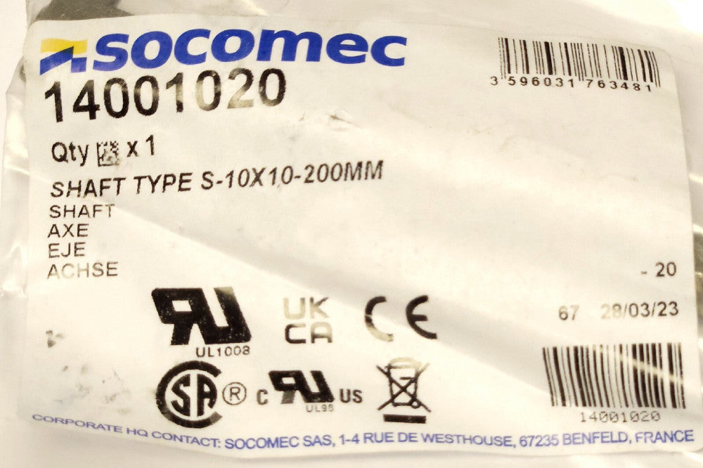 SOCOMEC 14001020 Rotary Shaft Type S-10x10 200MM 8" With Head 6" Shaft Area